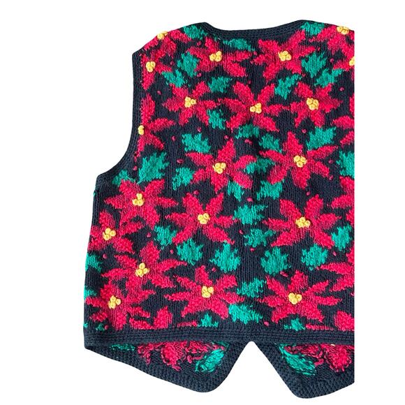 Vtg Signature Northern Isles Hand Knit Poinsettias Sweater Vest M Holiday Xmas - Picture 5 of 7